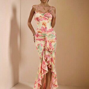 Light Yellow Women's Elegant Sleeveless Backless Floral Maxi Dress